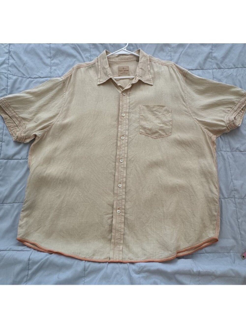 Tommy Bahama XXL 100% Linen Button Down Shirt Golden Sand Yellow Coral Stitching
